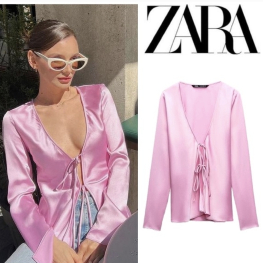 Zara Pink Satin Tie-Front Top Size XXL